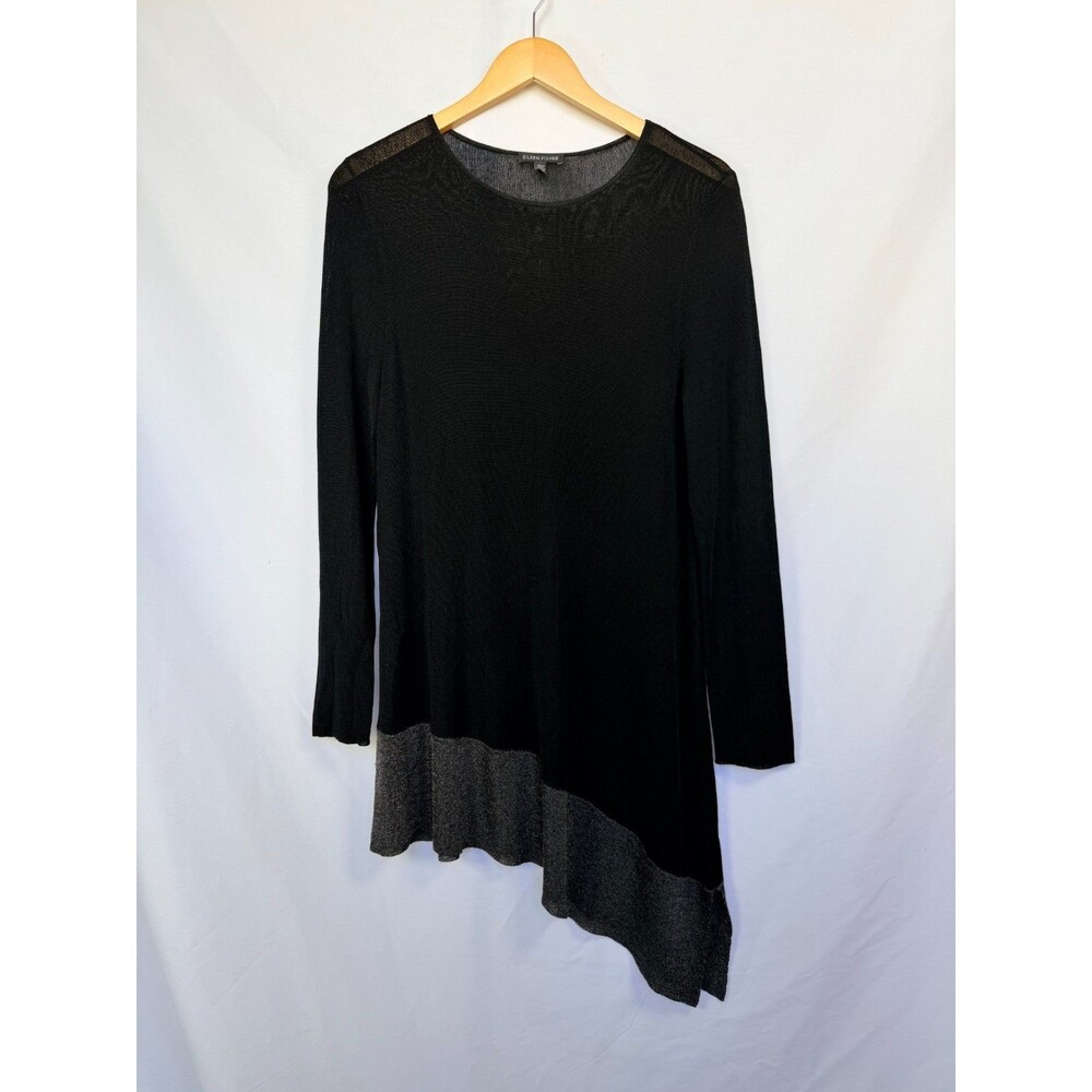 Eileen Fisher Black Rayon Knit Dress Metallic Stripe Asym Hem Long Sleeve M